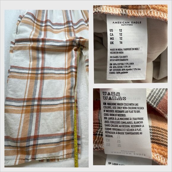 American Eagle Plaid Wide Leg Jumpsuit Linen Blend Size 12 Button Straps Pockets - Picture 9 of 12